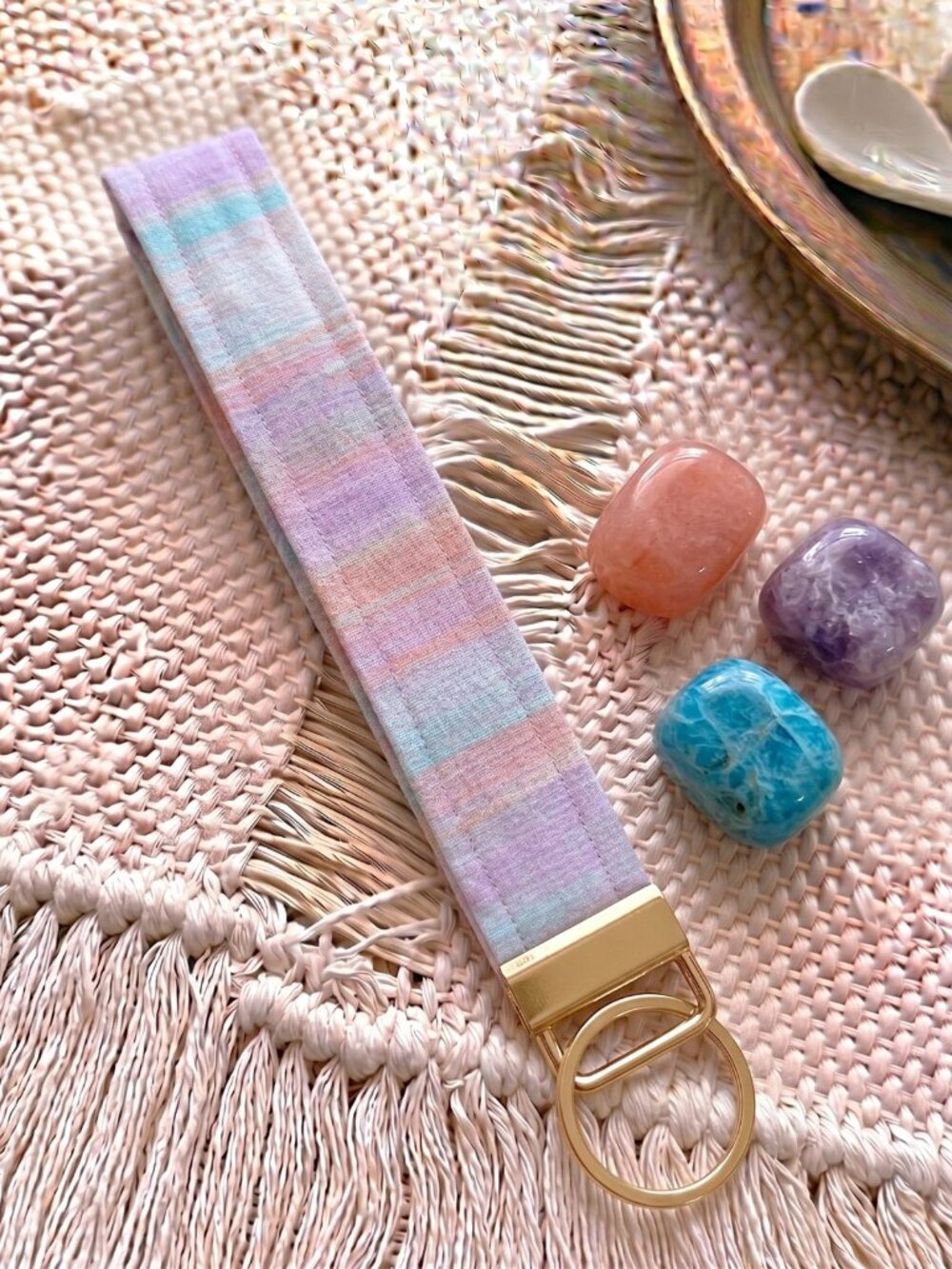 New Handmade Pastel Lilac Purple Peach Ikat Fabric Key Fob Wristlet Keychain